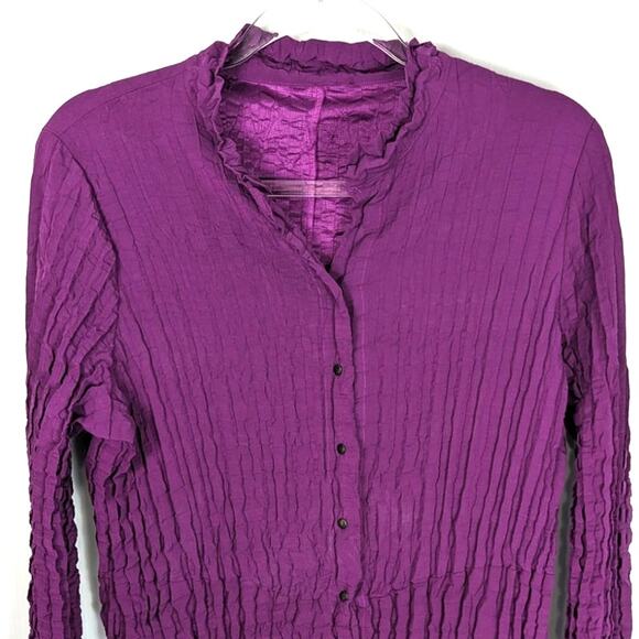 Babette Fuchsia Snap Front Crinkle Pleated Long Tunic Shirt or Mini Dress Small - Picture 3 of 10